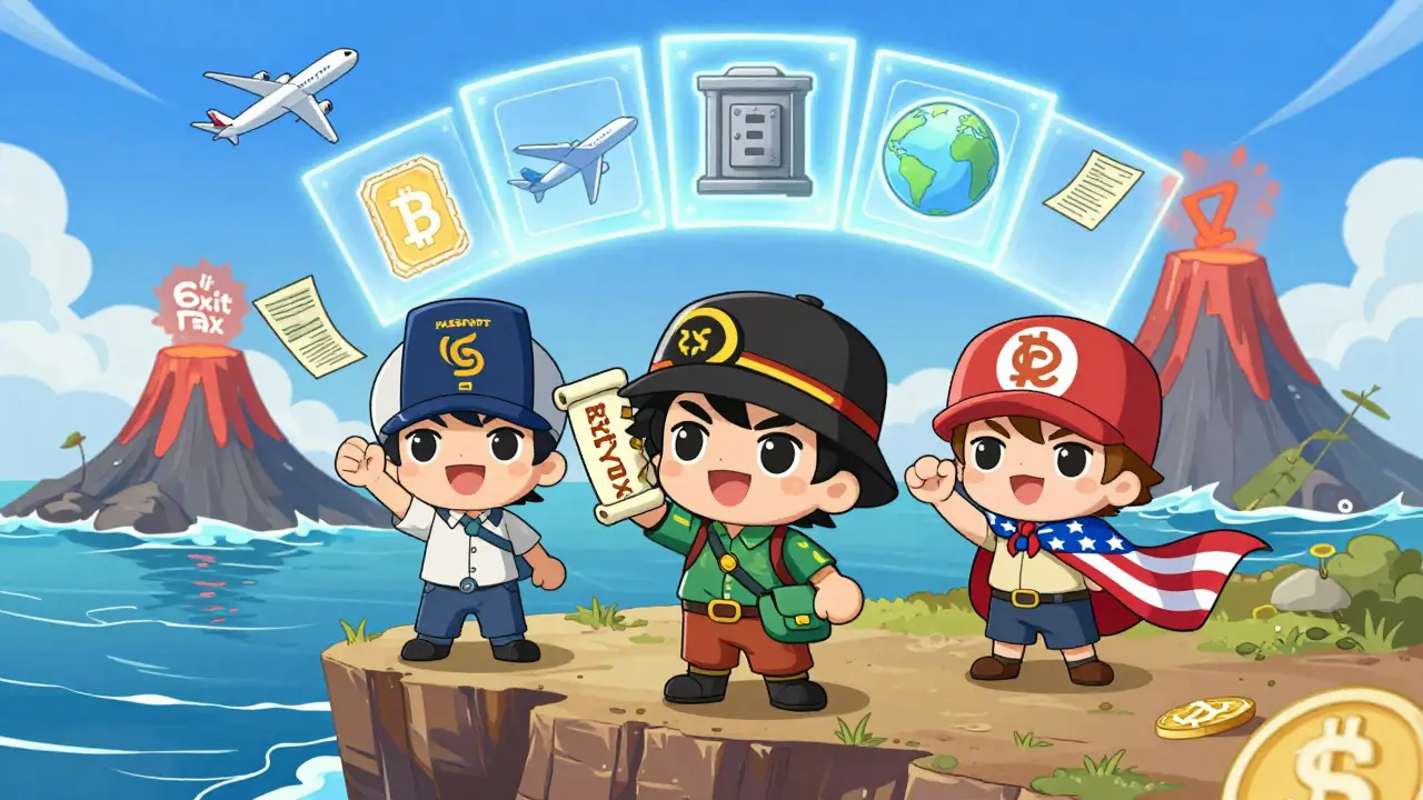 Chibi trio tossing tax forms into a volcano while a portal to freedom glows behind them.