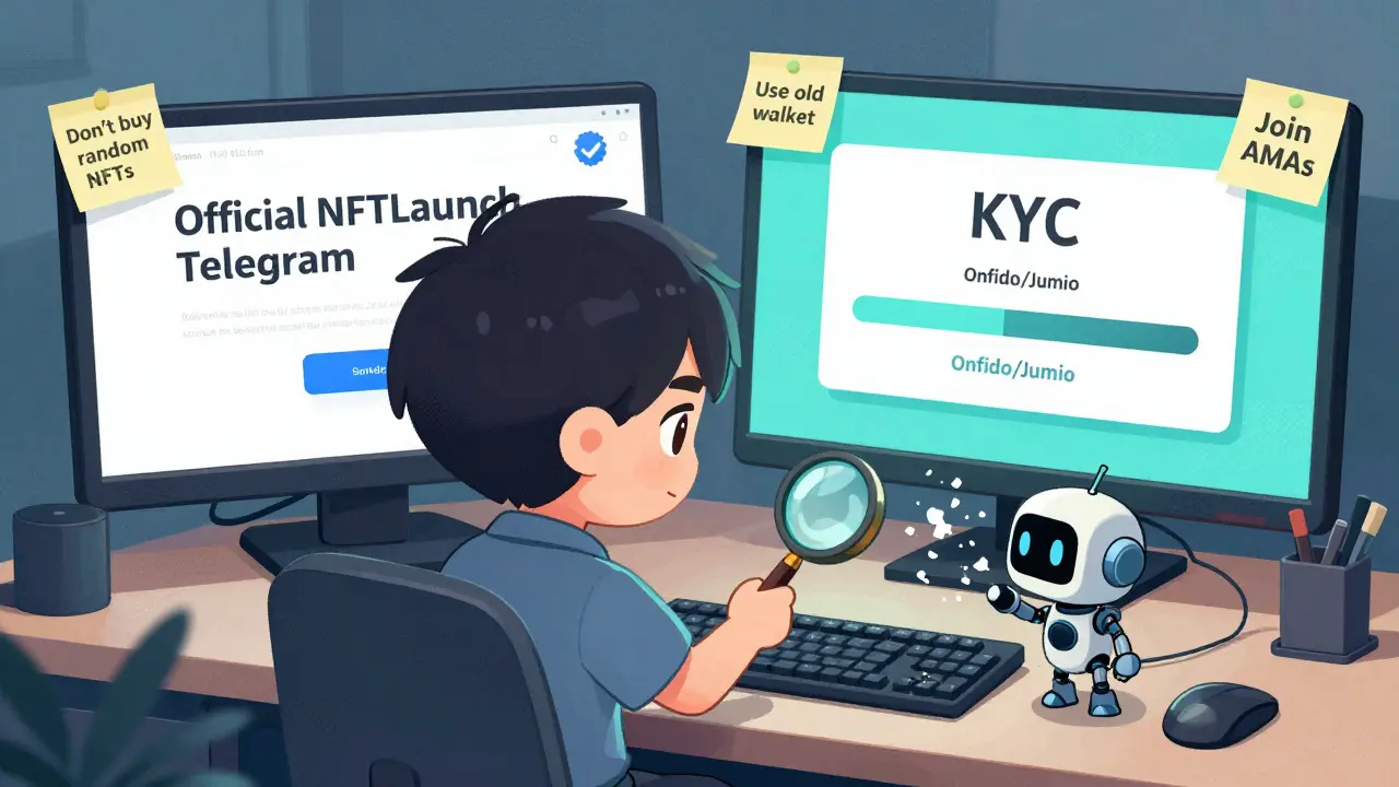 Chibi user verifies identity on official NFTLaunch Telegram with phishing links vanishing