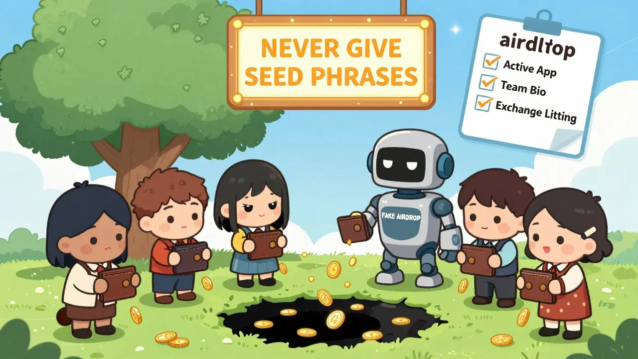 Chibi users losing crypto to a fake airdrop robot while a safety checklist glows above.