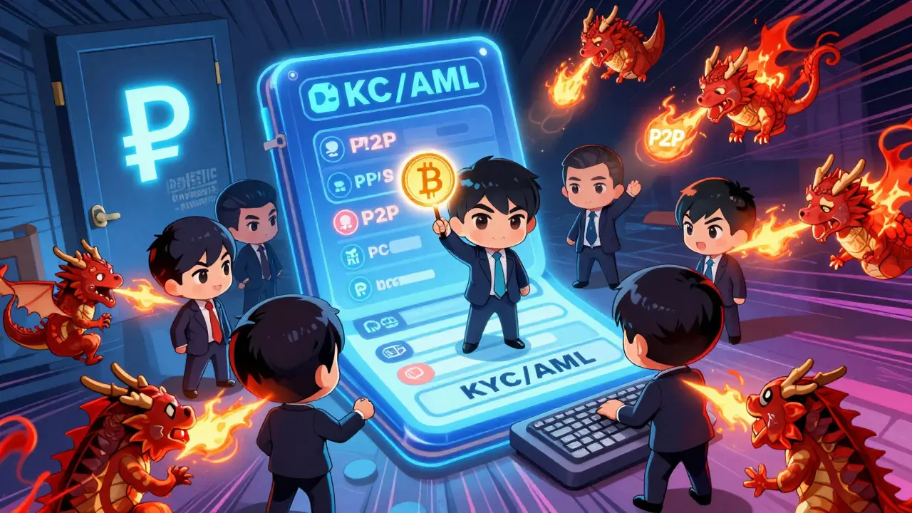 Corporate chibi figures managing crypto payments with regulatory dragons watching.