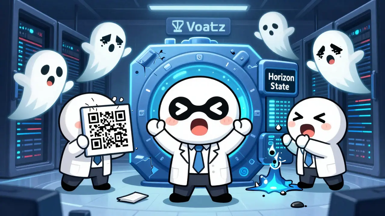Cute election workers panicking as hacker ghosts damage a blockchain server.