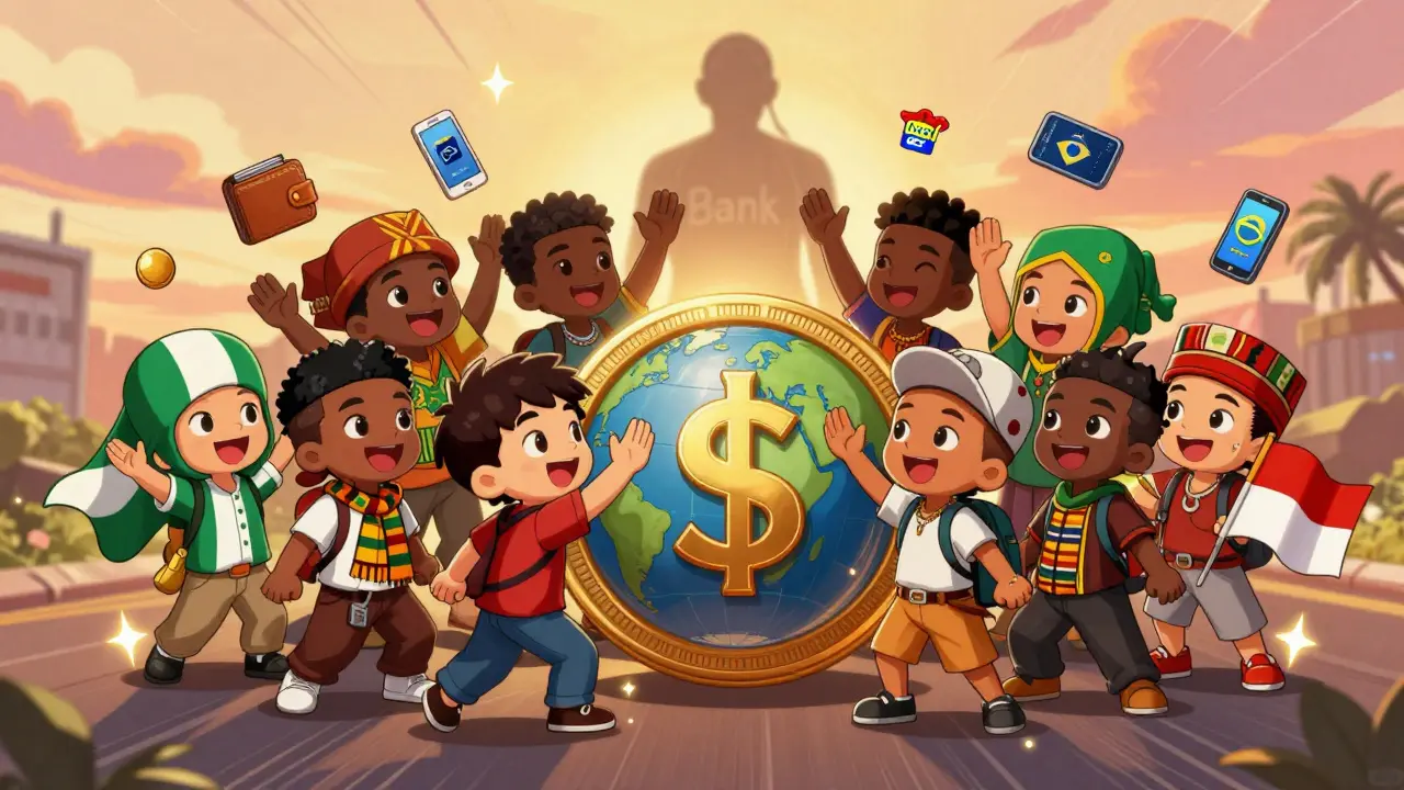 Diverse creators celebrating around a USDC globe, leaving behind a fading bank figure in anime chibi style.