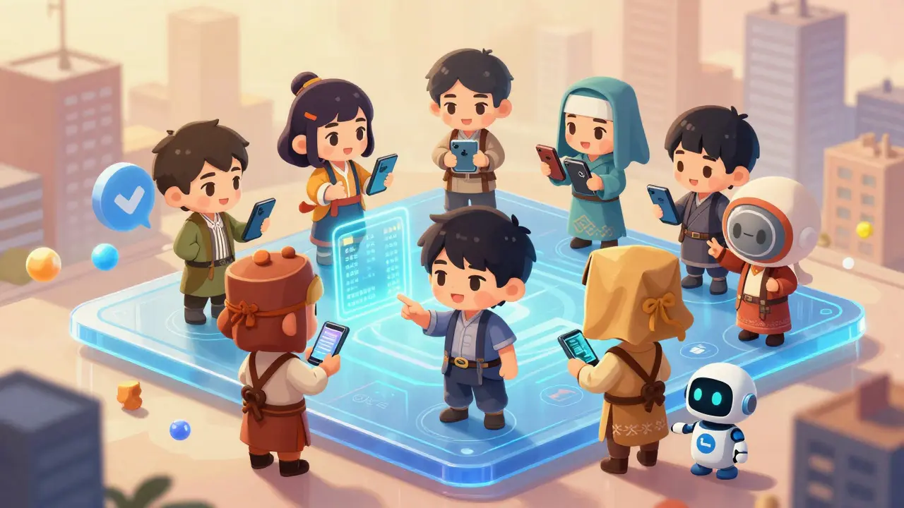 Diverse group of traders using holographic wallets on a floating DEX interface above a city.