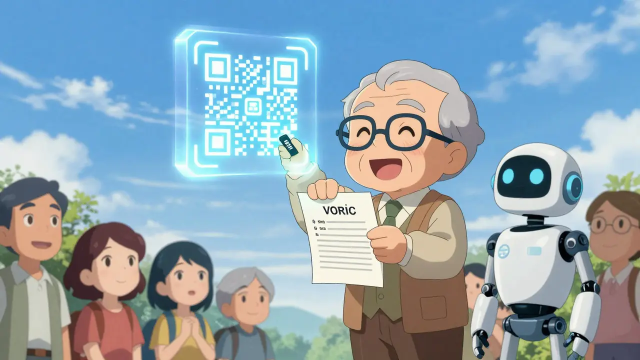 Elderly voter scanning a paper ballot with a QR code that uploads to a glowing blockchain.