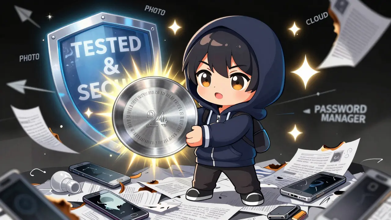 Hero holds engraved metal seed phrase while destroying unsafe digital storage methods.