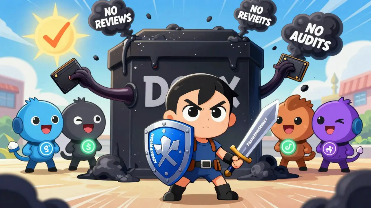 Hero with regulation shield fighting a black box labeled DOEX while trusted exchanges watch safely.