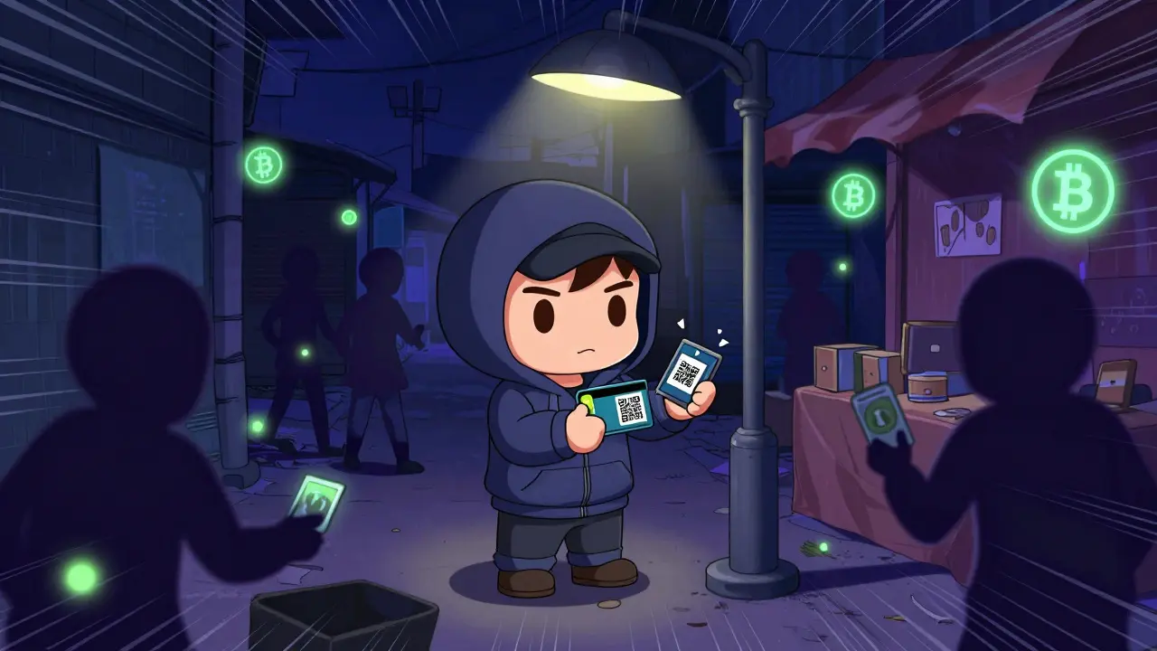 Hidden night market where a merchant trades gift cards for crypto payments under a flickering lamp.