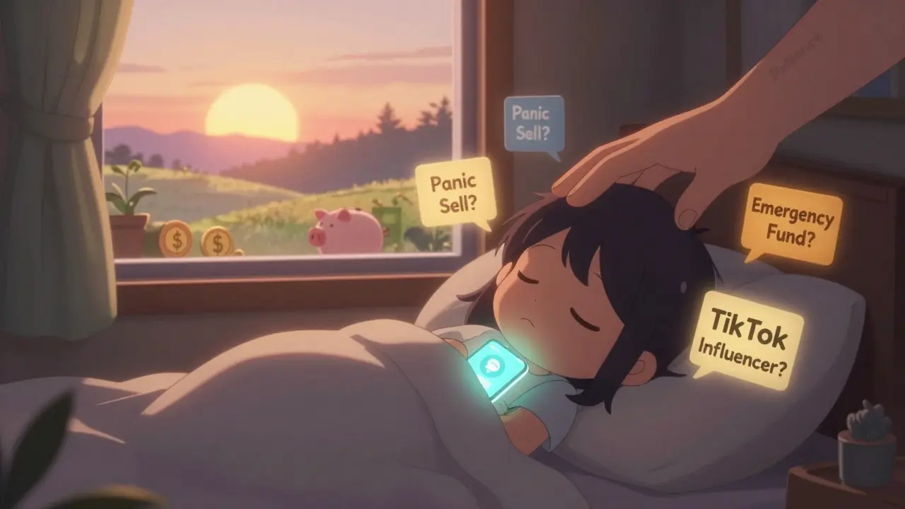 Sleeping person with crypto app on chest, surrounded by warning signs, while calm sunrise and patience hand glow outside.