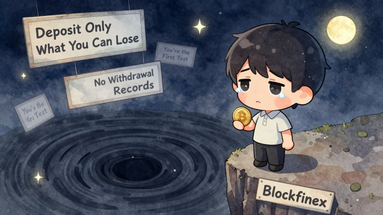 Small user at cliff's edge above void labeled Blockfinex, holding a Bitcoin.