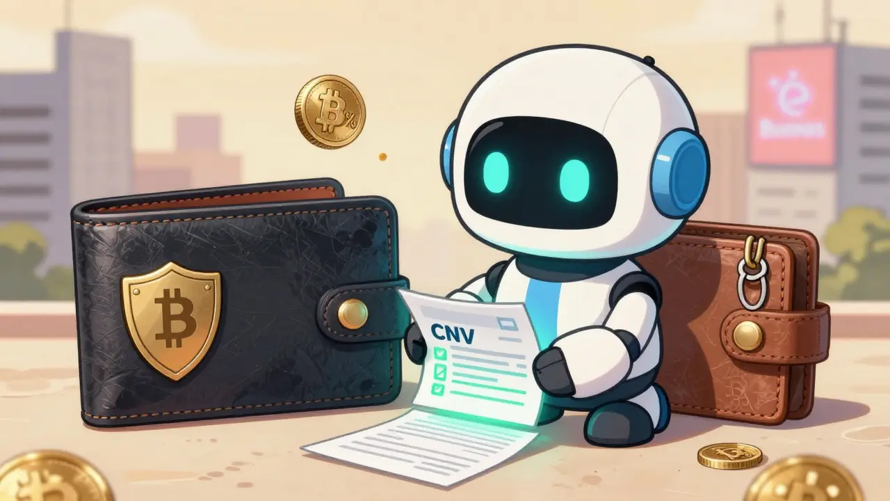 Small user submitting documents to a friendly CNV robot with crypto wallets nearby.