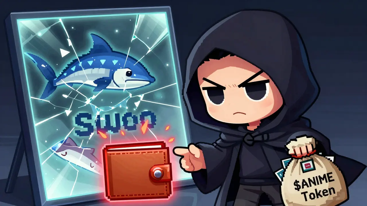 Sneaky scammer in anime hoodie offering fake tokens, while real Sui DEXs shine behind.