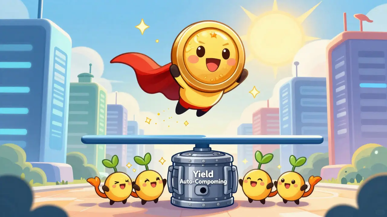 Superhero frxETH flying over DeFi buildings with growing sfrxETH tokens below.