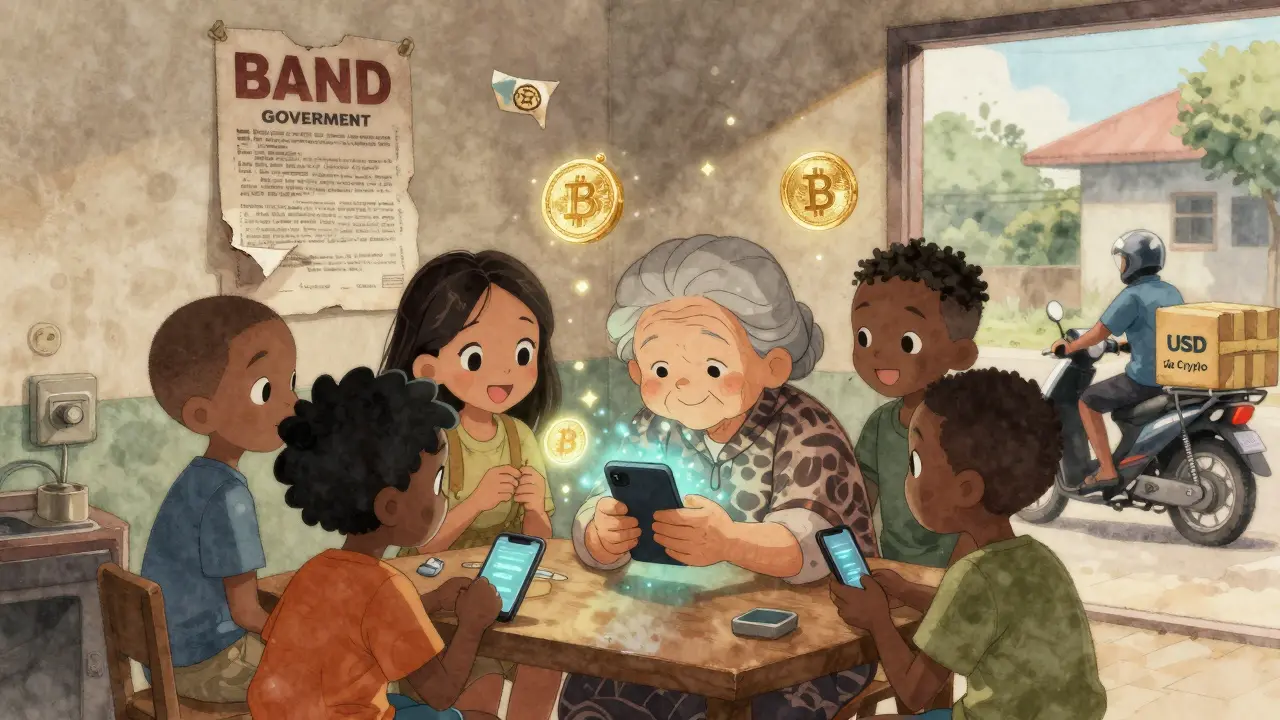Teenagers teach their grandmother to use a crypto wallet with glowing stablecoin icons.