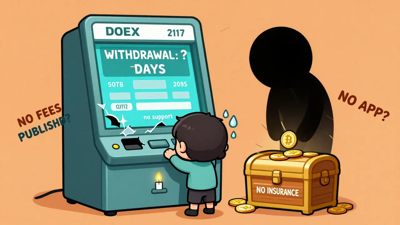 Tiny user struggling with a glitchy DOEX withdrawal terminal as shadowy figures steal coins.