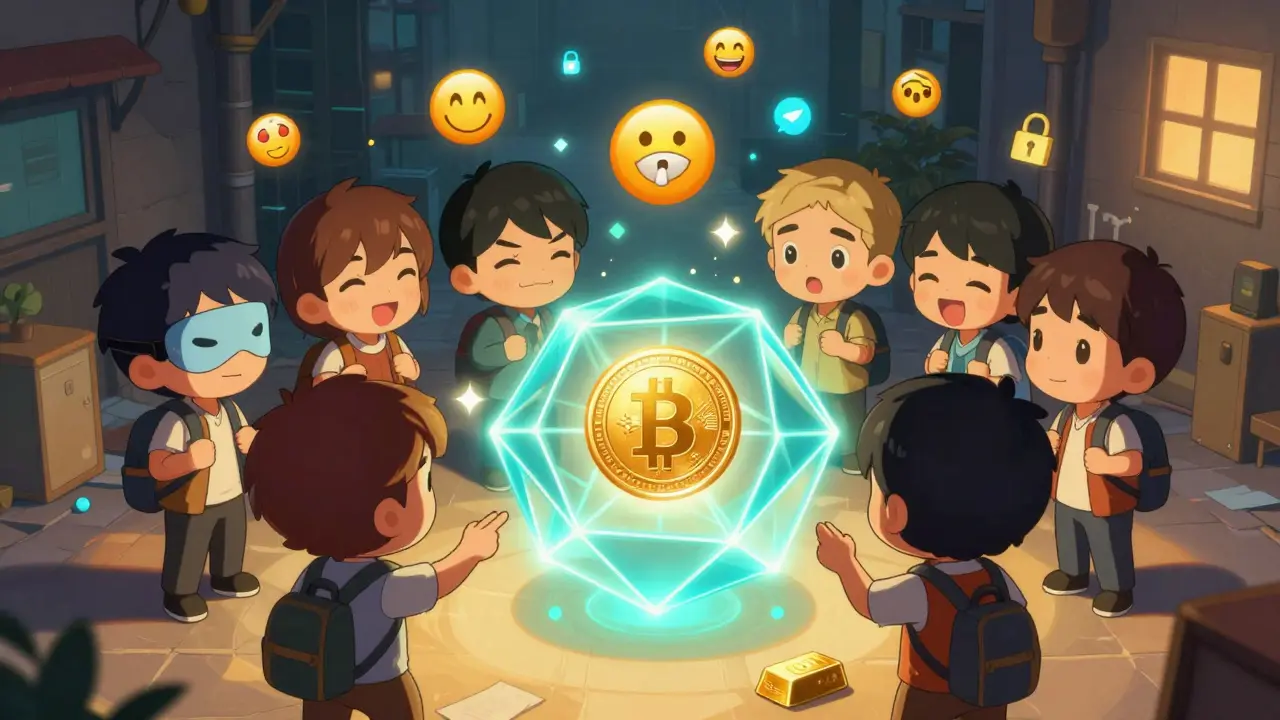 Tiny users passing a DAI coin through a secret Telegram chat in a dark alley.