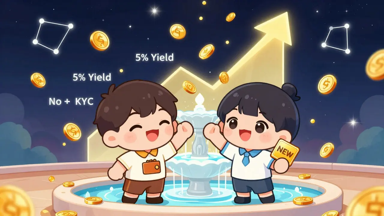 Two chibi characters celebrating at a glowing liquidity pool with golden coins raining down.