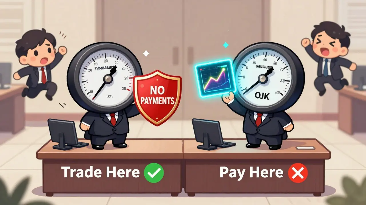 Two chibi regulators on opposite sides of a desk labeled 'Trade Here' and 'Pay Here' in anime style.