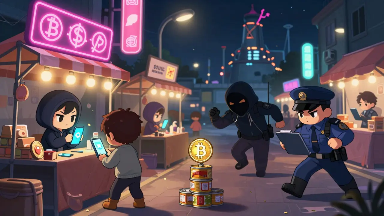 Underground chibi miners trade crypto on phones while dodging a clumsy inspector at night.