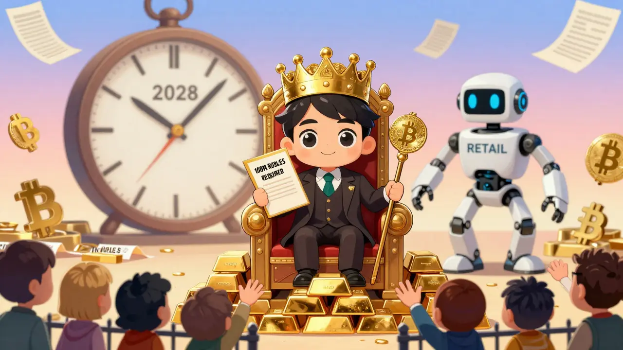 Wealthy investor on crypto throne while ordinary people are barred from access.