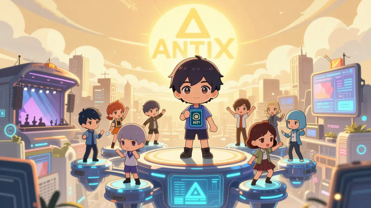 A central figure stands atop a world of digital avatars, with a glowing ANTIX token shining like a sun.