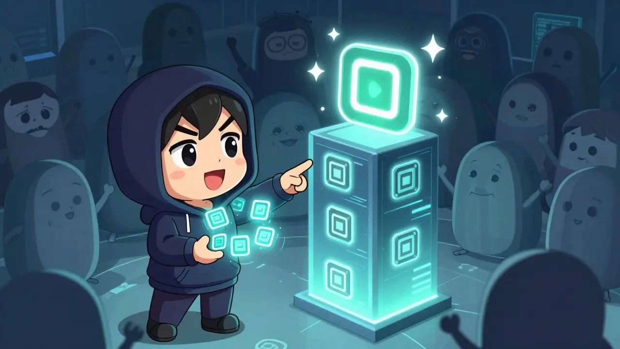 A chibi hacker holding a Merkle proof to confirm a transaction among cheering full nodes.