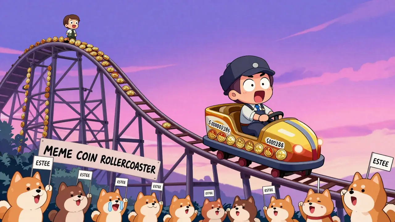 A chibi trader riding a rollercoaster made of ESTEE tokens through wild price swings, with cheering Shiba Inu fans below in a vibrant sky.