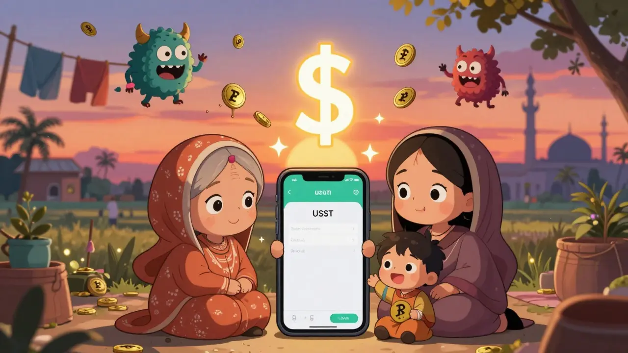 A family in rural Sindh celebrates a stable USDT transaction as inflation monsters shrink away.