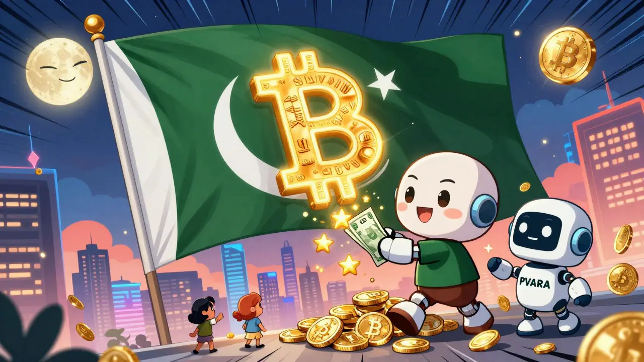 A giant USDT coin flag rises over Karachi as citizens exchange rupees for digital gold stars.