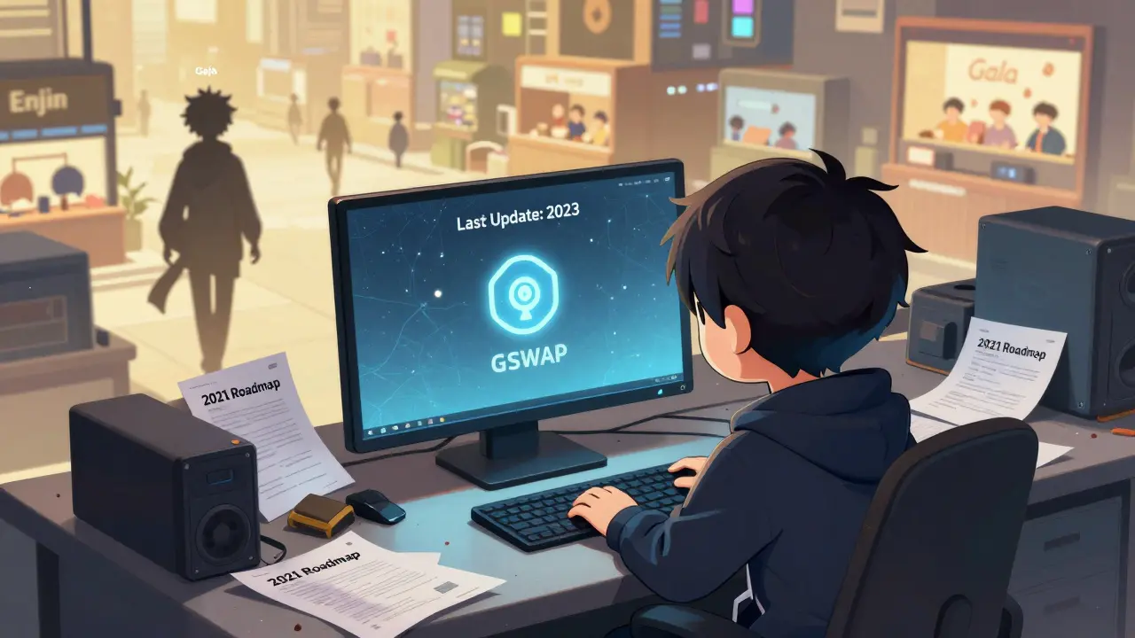 A lonely developer staring at a dead monitor with a flickering GSWAP token.