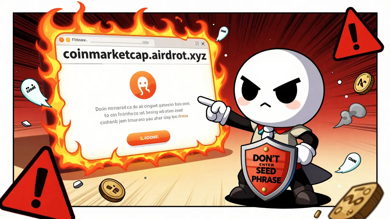 A MetaMask-themed hero blocking a phishing site with warning signs and floating scam tokens in the background.