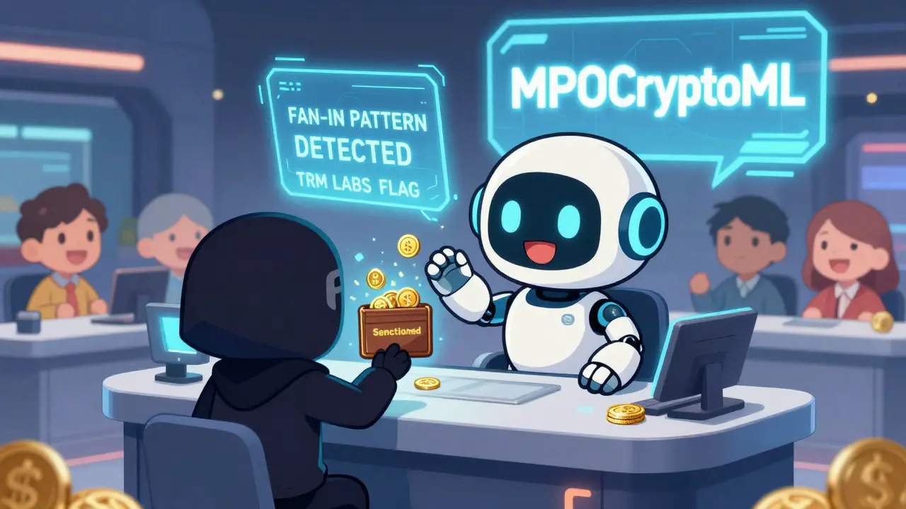 A robot at a crypto exchange blocks a suspicious deposit with warning alerts.