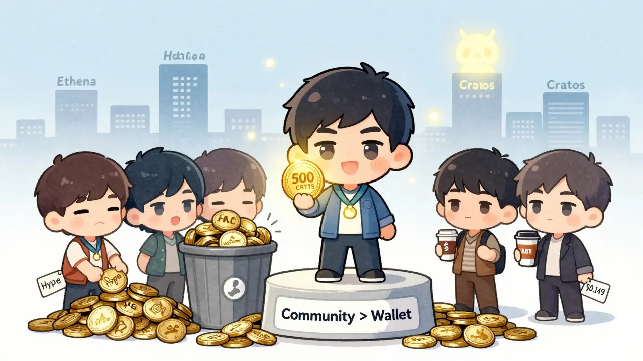 A small hero holding a CRTS token while others discard fake crypto hype, with Cratos glowing softly in the background.