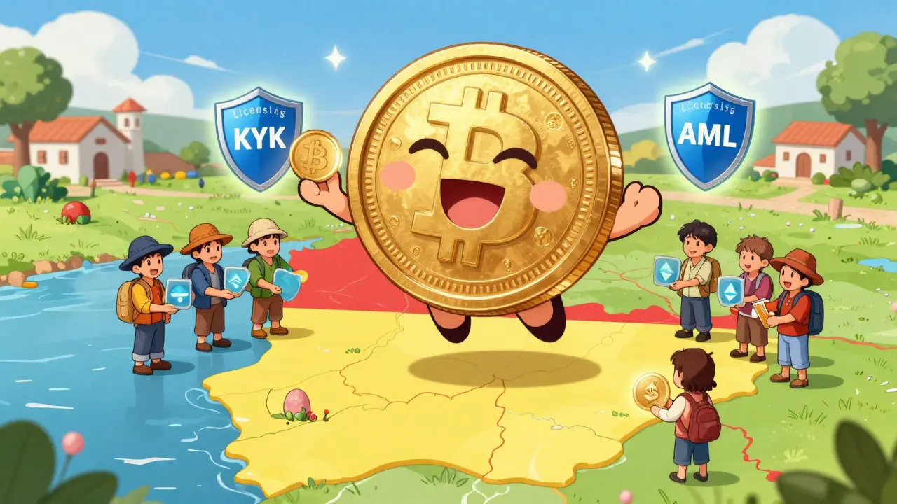 A smiling stablecoin hovers over Bolivia as citizens use crypto for payments, protected by regulatory shields.