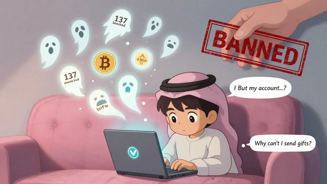 A teen tries to access crypto via VPN as ghostly blocked exchanges swirl above, while a regulatory stamp declares it banned.