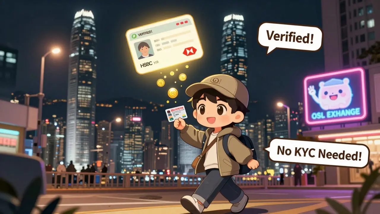 A trader crosses the border with a Hong Kong ID, unlocking a glowing bank account as crypto coins flow from HSBC Tower.