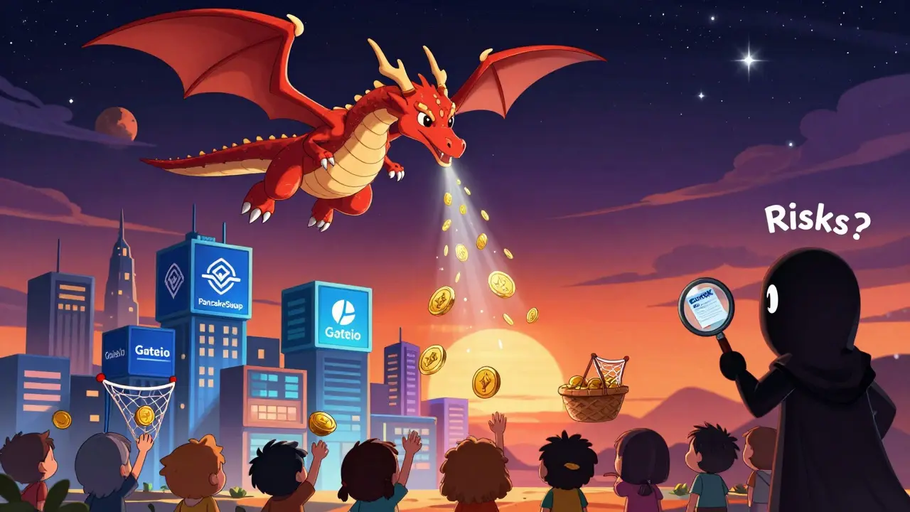 Cardano dragon raining ASTRO tokens over users below with exchange logos and audit hint.