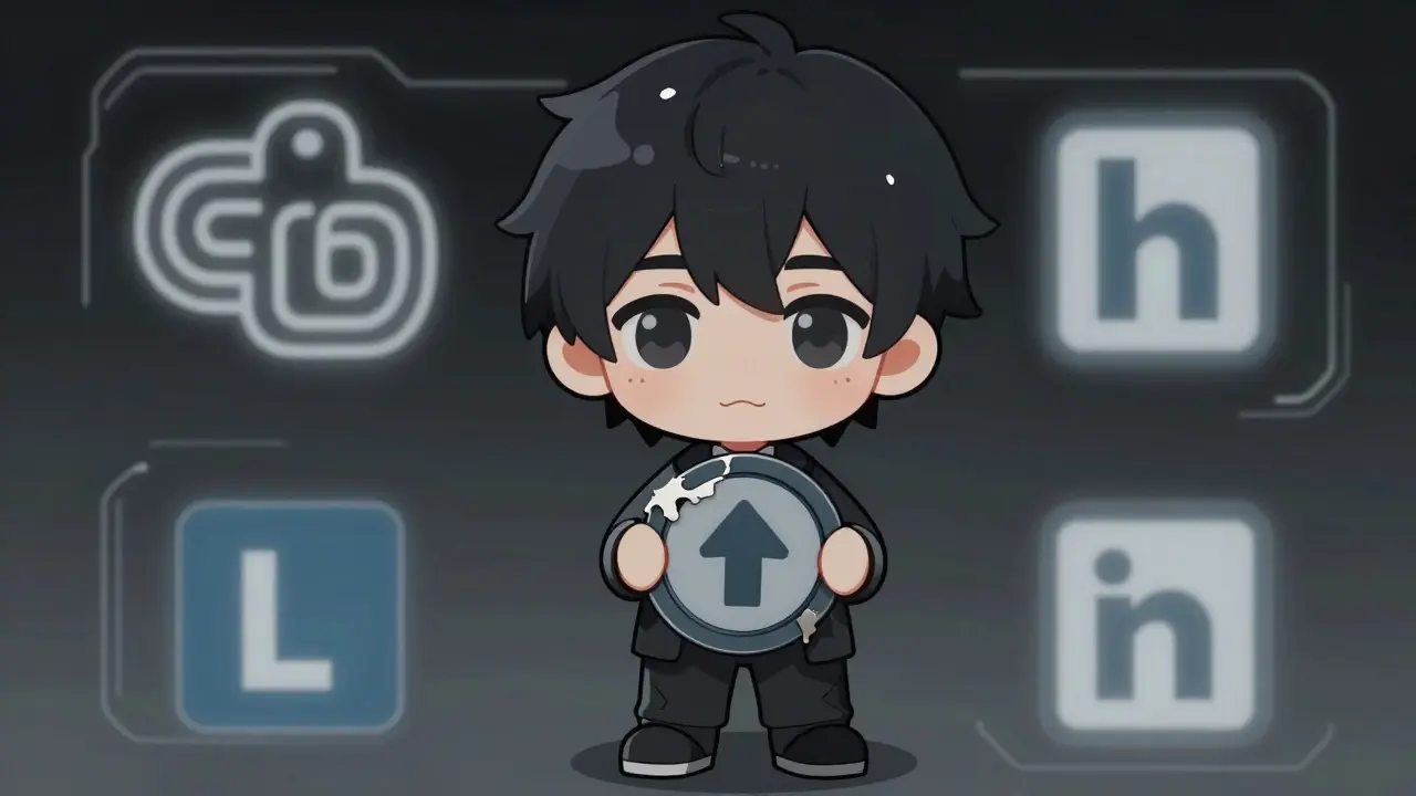 Chibi character holding peeling upgrade symbol with faded tech icons.