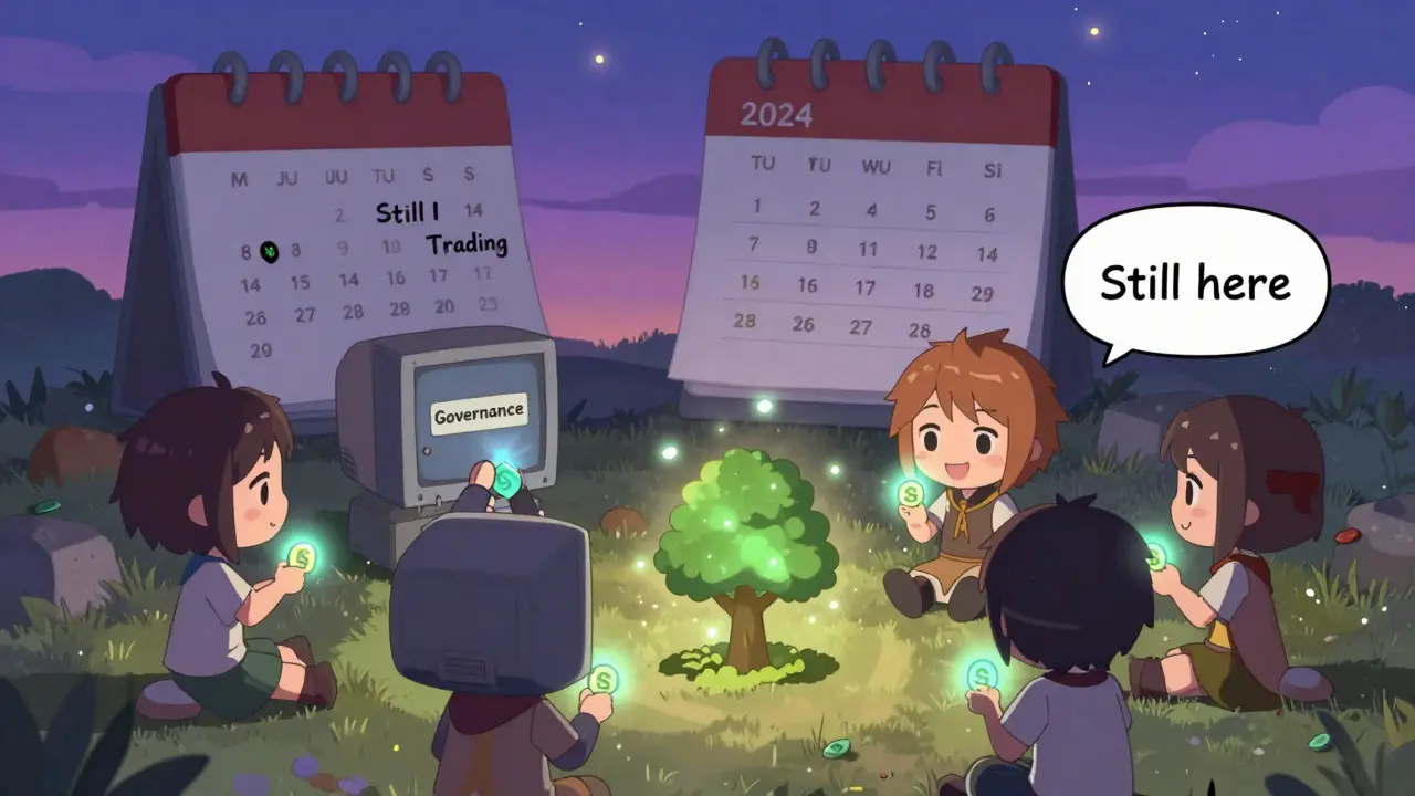 Chibi community members peacefully using CRTS tokens for governance and staking, with a calendar showing ongoing activity.