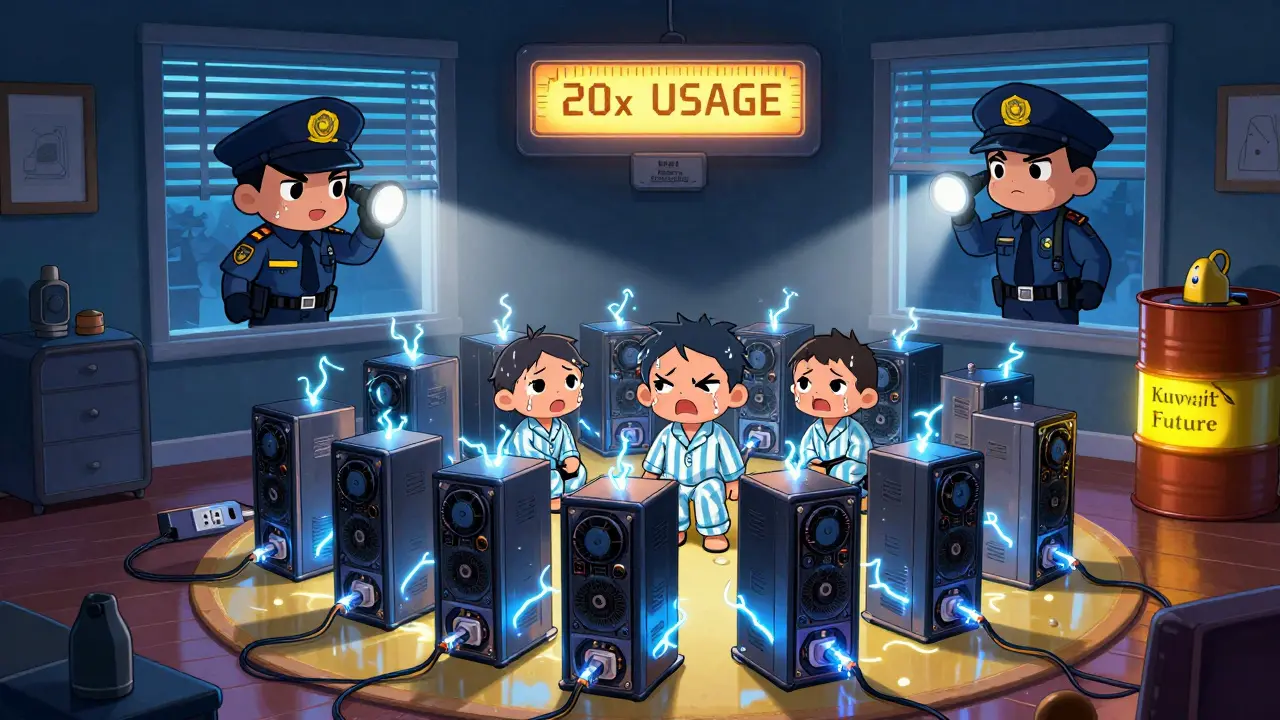 Chibi miners overload a home's electricity with ASIC rigs while police shine a flashlight through the window.