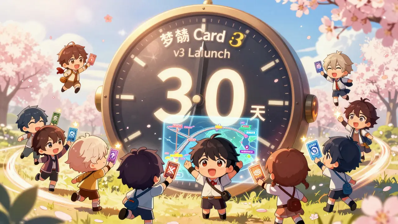 Chibi players cheering as a countdown to Dream Card v3 appears with metaverse bridges.