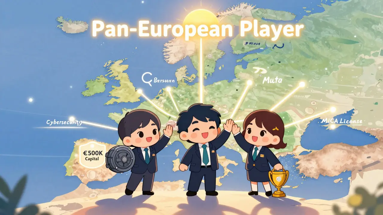 Chibi team celebrating with EU map glowing from Malta to all member states