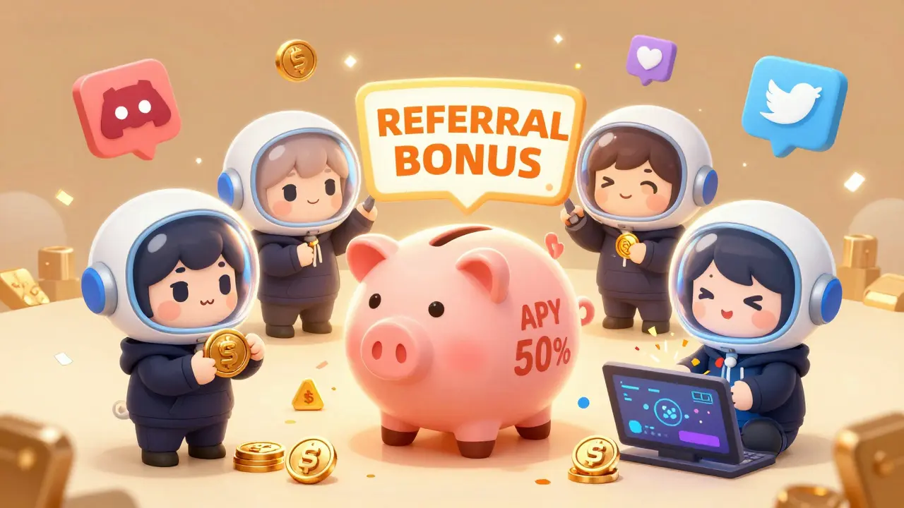 Chibi users staking, referring, and swapping tokens in a vibrant AstroSwap community scene.