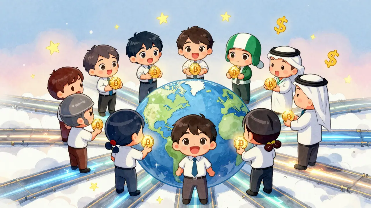 Chibi workers from different countries exchanging Bitcoin coins that turn into cash, surrounded by Lightning Network pathways.