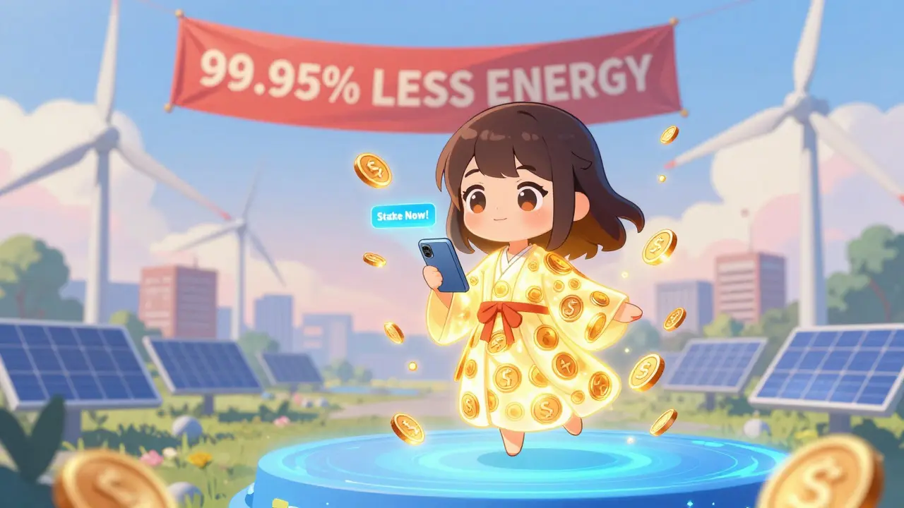 Cute chibi staker floating with ETH coins and a smartphone, surrounded by clean energy symbols.