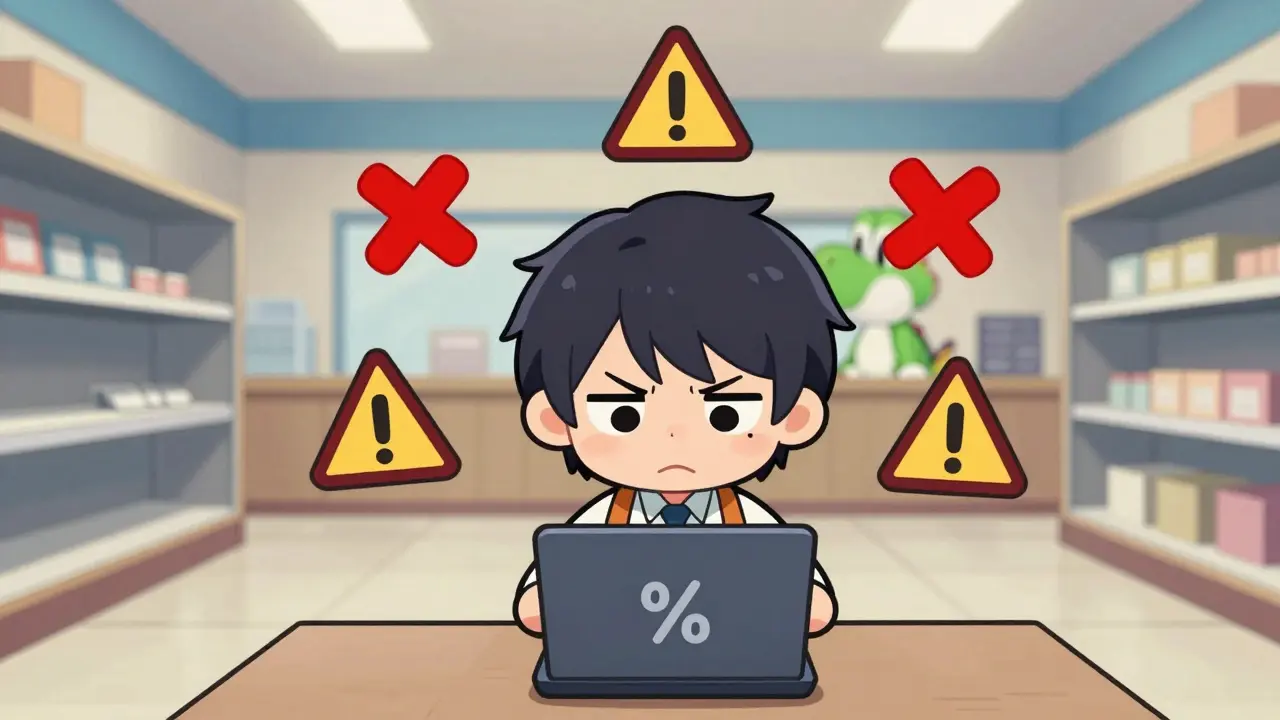 Frustrated chibi trader with failed transactions and empty store shelves