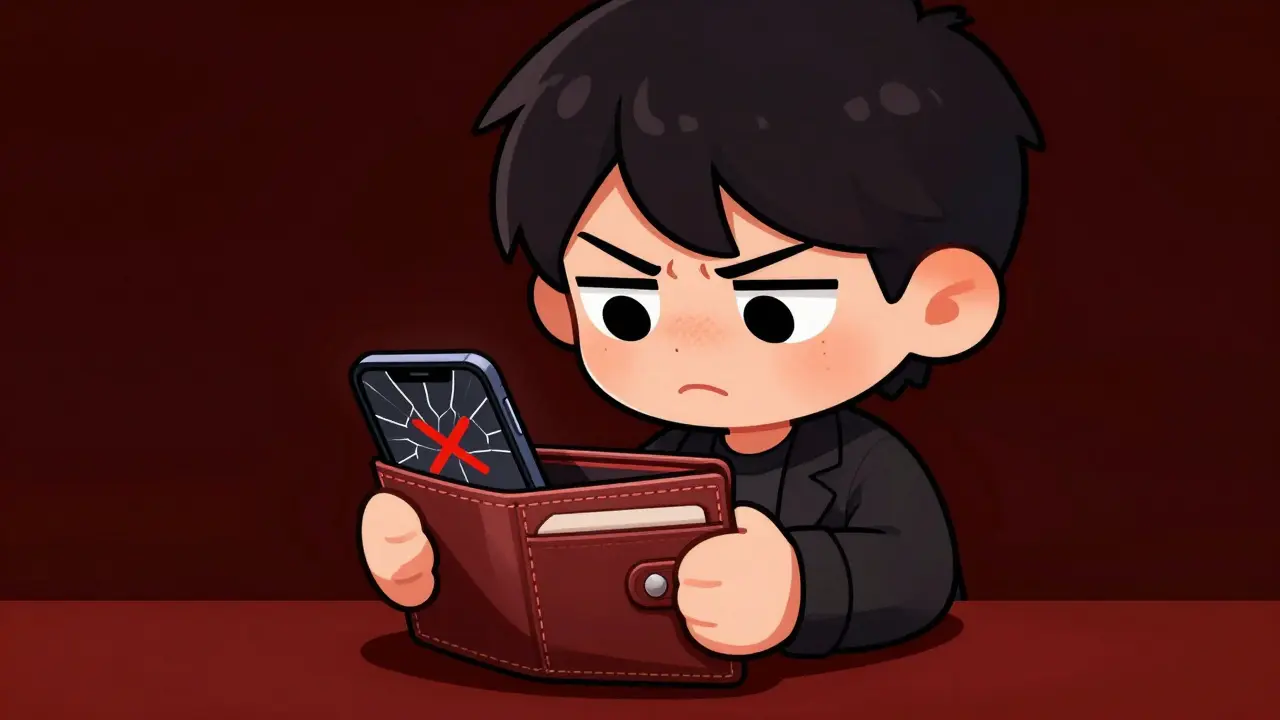 Frustrated chibi user staring at empty wallet with error symbol.