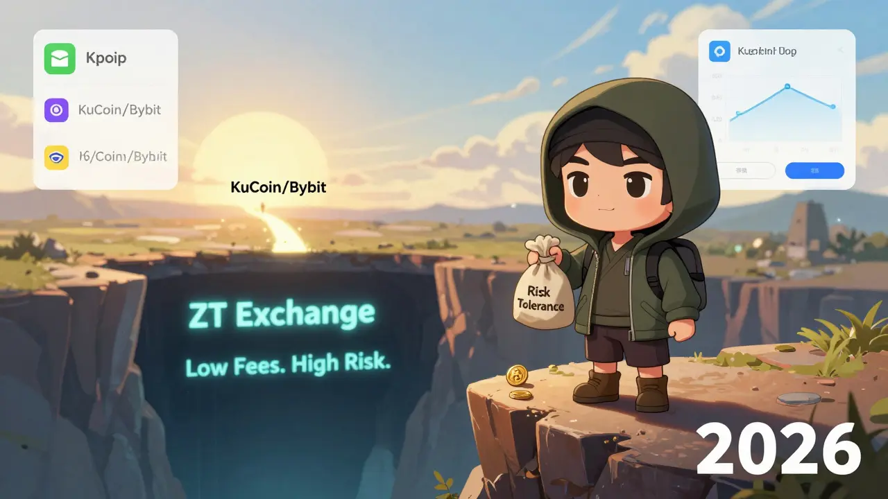 Lone trader on cliff edge facing ZT Exchange abyss, distant safe path to KuCoin and Bybit.
