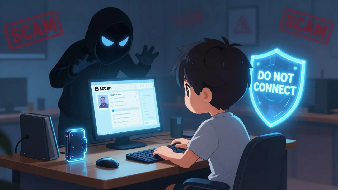 Player reviewing NFT history on BscScan while a scammer is blocked by a warning shield.