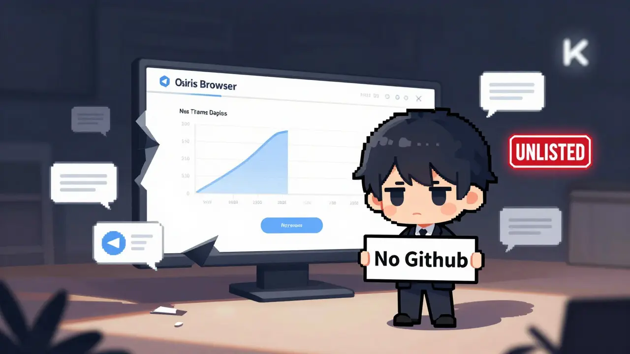 Sad chibi developer beside a dead Osiris Browser website with empty social media bubbles.