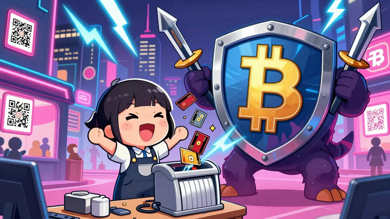 Small business owner destroying credit cards as Bitcoin shield blocks chargeback monsters in a vibrant cityscape.